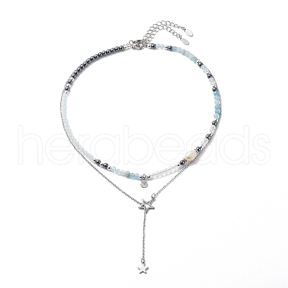 2Pcs 2 Style 304 Stainless Steel Shell & Star Charms Lariat Necklaces Set with Natural Pearl NJEW-JN03978-1