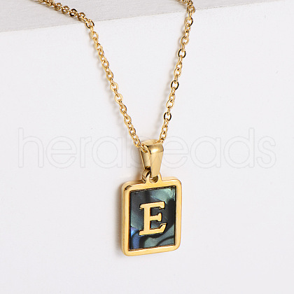 304 Stainless Steel Pave Natural Paua Shell Rectangle Initial Pendant Necklaces for Women FS-WG38E89-05-1