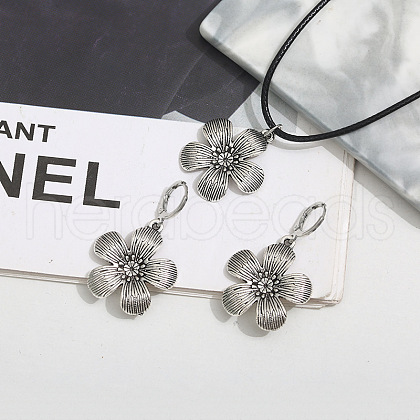 Flower Alloy with Imitation Leather Cord Pendant Necklace & Hoop Earring Sets FS-WGDD3CA-01-1