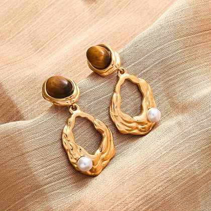 304 Stainless Steel Tiger Eye Stone Oval Dangle Stud Earrings EJEW-R027-02G-1