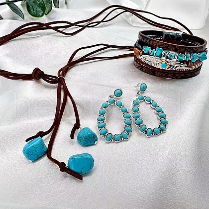 Alloy & Synthetic Turquoise Nuggets Pendant Necklaces & Teardrop Stud Dangle Earrings & Multi-layer Feather Bracelets Sets FS-WG989B2-01-1