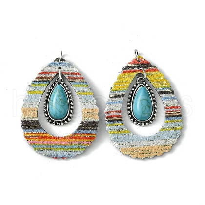 Teardrop Alloy & Synthetic Turquoise & Imitation Leather Big Pendants FIND-G069-03P-01-1