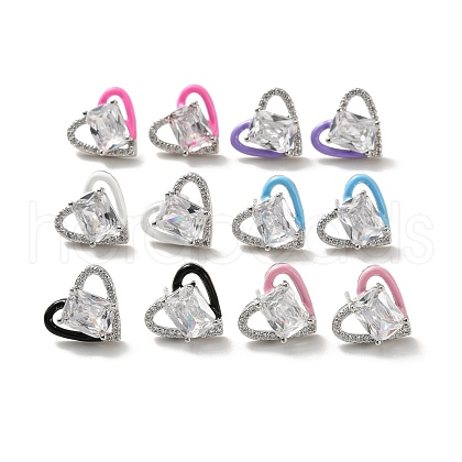Left and Right Clear Cubic Zirconia Heart Stud Earrings with Enamel EJEW-C027-04P-1