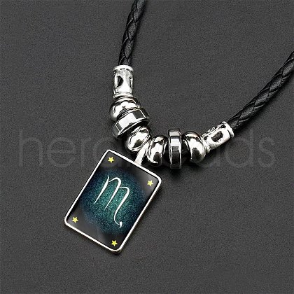 Luminous Rectangle with Constellation Alloy Glass Pendant Black Braided Imitation Leather Cord Necklaces WG00EE9-04-1