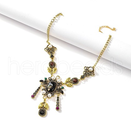 Leaf with Flat Round Alloy & Rhinestone & Plastic Pearl Pendant Necklaces FS-WG8EEAF-03-1