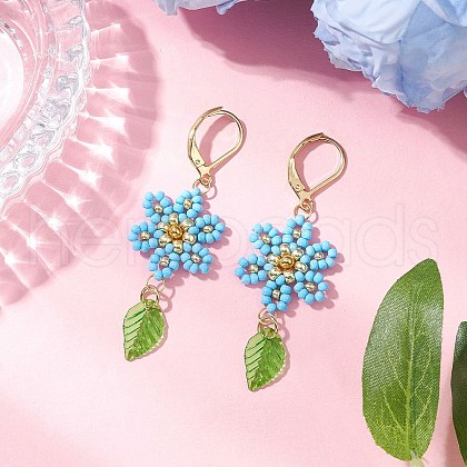 304 Stainless Steel Flower with Leaf Leverback Earrings EJEW-MZ00456-05-1