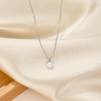 925 Sterling Silver Cable Chain Round Opal Pendant Necklaces for Women OX3835-2-1