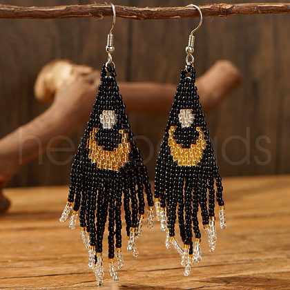 Vintage Ethnic Handmade Glass Seed Beads Moon Dangle Earrings JT7942-2-1