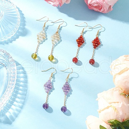 Natural Agate Bead & Natural Amethyst & Natural Citrine & Natural Carnelian & Natural Quartz Crystal Dangle Earrings EJEW-TA00660-1