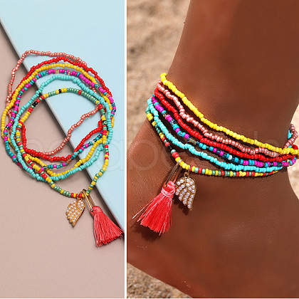 Bohemian Resin & Glass Seed Beaded Stretch Multi-Layered Anklet Sets WG187EB-02-1
