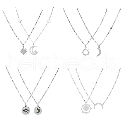 FIBLOOM 4 Sets 4 Style Sun and Moon 304 Stainless Steel Pendant Necklaces Set NJEW-FI0001-22-1