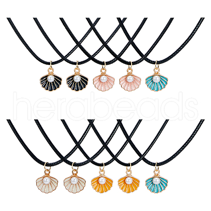 30Pcs 5 Color Zinc Alloy Enamel Shell Shape Pendant Necklaces Set with ABS Plastic Imitation Pearl Beaded NJEW-AB00020-1