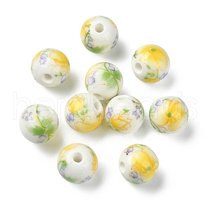 Handmade Printed Porcelain Round Beads PORC-YW0001-05D-1