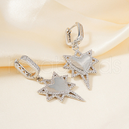 Brass Clear Cubic Zirconia Star with Heart Hoop Earrings LS5969-1-1