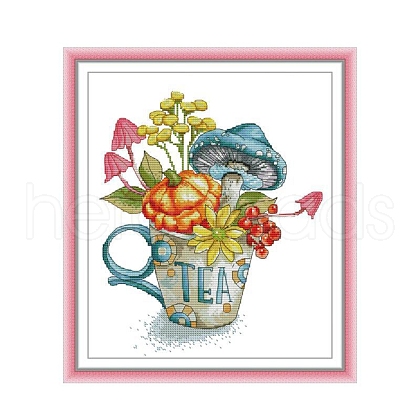Teacup with Flower Pattern DIY Cross Stitch Beginner Kits DIY-NH0003-02B-1