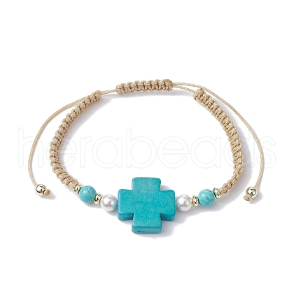 Synthetic Turquoise Cross & Imitation Pearl Braided Bead Bracelet BJEW-JB09743-1