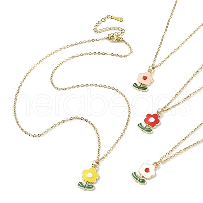 Zinc Alloy Enamel Flower Pendant Necklace with 304 Stainless Steel Cable Chains NJEW-JN04370-1