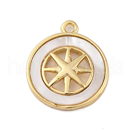 Brass Pave Natural Shell Flat Round with Star Charms KK-P289-06G-1