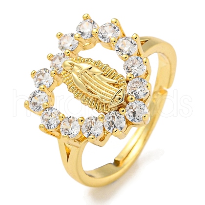 Heart with Saint Rack Plating Brass Micro Pave Cubic Zirconia Adjustable Rings RJEW-I105-04G-06-1