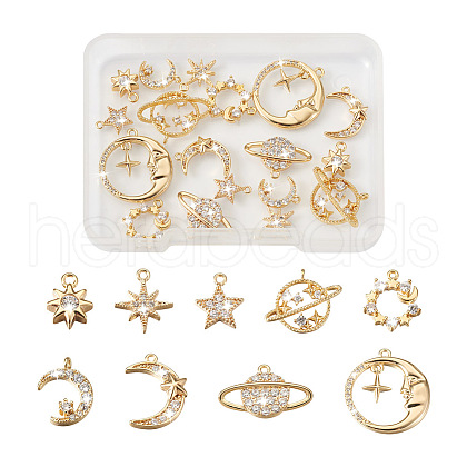 Kissitty 18Pcs 9 Style Brass Cubic Zirconia Universe Space Charms KK-KS0001-26-1