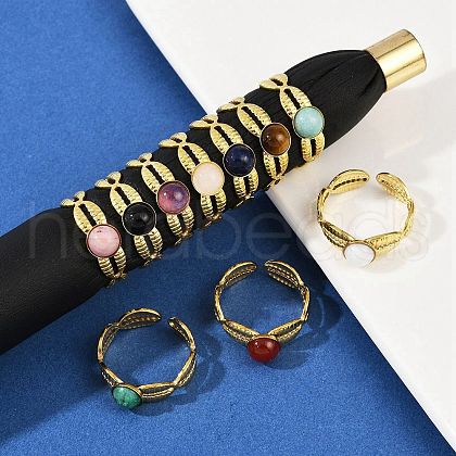 316 Stainless Steel with Natural Mixed Gemstone Cuff Rings RJEW-Z098-01G-04-1