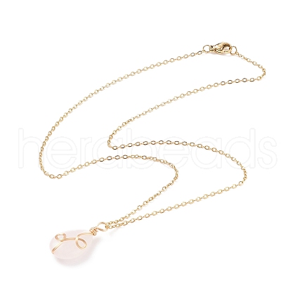 Natural Rose Quartz Teardrop Pendant Necklace X-NJEW-JN03900-01-1