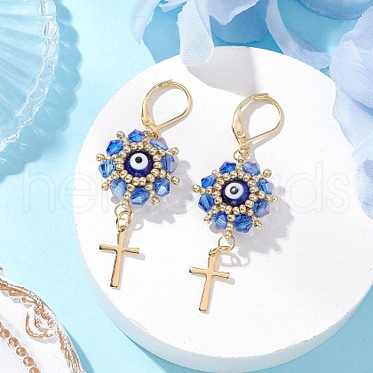 Evil Eye with Cross 304 Stainless Steel Glass Seed Beads Leverback Earrings EJEW-MZ00420-02-1