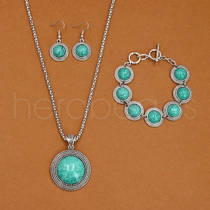 Alloy with Synthetic Turquoise Pendant Necklaces & Link Bracelets & Dangle Earring Sets WGBFEA3-03-1