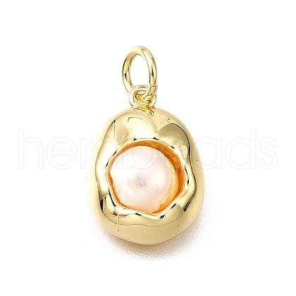 Brass Pave Natural Pearl Oval Charms KK-V011-45A-G-1