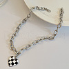 Black and White Checkered Heart Alloy Enamel Pendant Necklaces for Women FS-WGFAE52-01-3