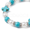 Synthetic Turquoise Cross & ABS Plastic Pearl Beaded Stretch Bracelet BJEW-JB09766-4