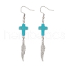 Synthetic Turquoise Cross with Alloy Feather Dangle Earrings EJEW-TA00150-1