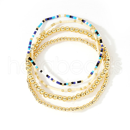 4Pcs 4 Styles Glass Seed Cylinder Beads Stretch Bracelet & Brass Round Beads Stretch Bracelet Set BP7471-6-1
