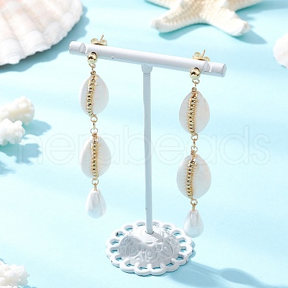 Shell Pearl Tassel Stud Earrings EJEW-TA00645-1