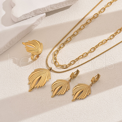 Leaf Stainless Steel Hoop Earrings & Pendant Necklaces & Chain Necklaces & Rings Set for Women JF0575-1
