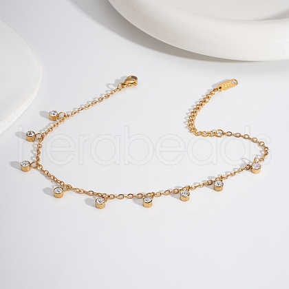 Elegant Stainless Steel Pave Clear Cubic Zirconia Flat Round Charm Anklets HM7489-7-1