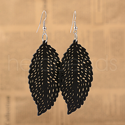 Cute Design Filigree Leaf Wood Dangle Earrings X-EJEW-I179-08-1