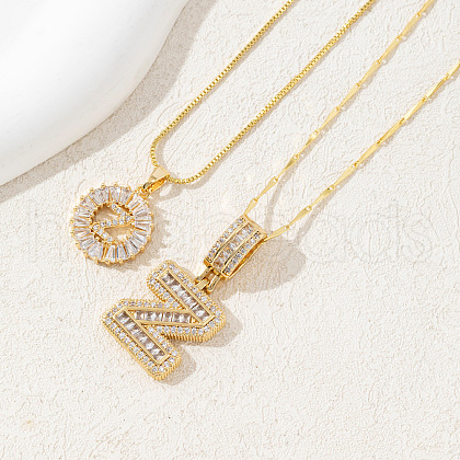 2Pcs 2 Styles Brass Pave Clear Cubic Zirconia Initial Pendant Necklace Sets FS-WGBC393-26-1