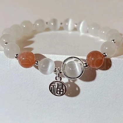 Flat Round Alloy & Cat Eye & Natural Moonstone Round Beaded Lucky Charm Bracelets for Women WG9D4EC-03-1