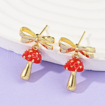 Mushroom with Bowknot Brass Enamel Dangle Stud Earrings EJEW-F895-25A-G-1