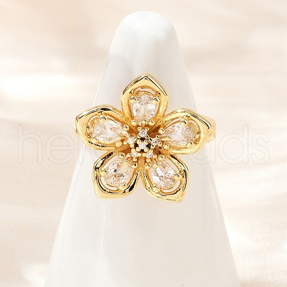 Flower Brass Micro Pave Clear Cubic Zirconia Cuff Rings RJEW-S633-02G-1