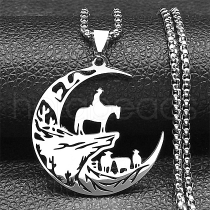304 Stainless Steel Hollow Cut Cowboy Moon Pendant Necklaces NJEW-H065-26P-1