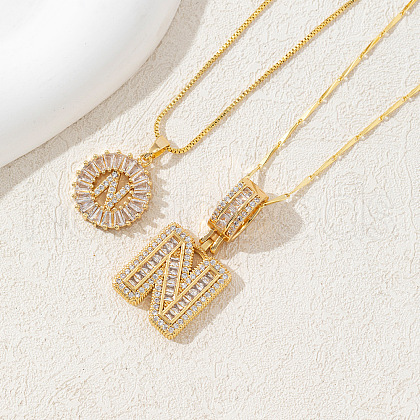 2Pcs 2 Styles Brass Pave Clear Cubic Zirconia Initial Pendant Necklace Sets FS-WGBC393-14-1