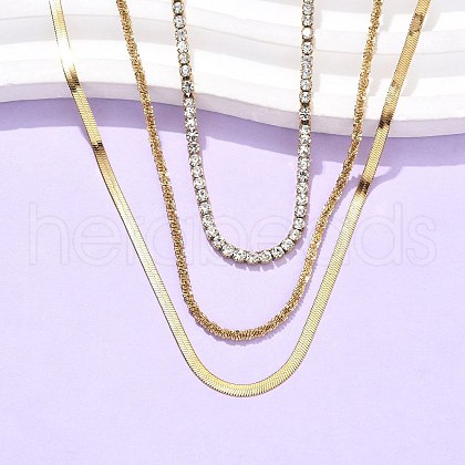 304 Stainless Steel Crystal Rhinestone 3 Layered Necklaces for Women NJEW-C083-04G-1