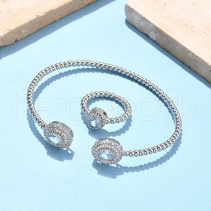 Oval Brass Micro Pave Cubic Zirconia Cuff Bangles & Rings Sets for Women SJEW-R002-03P-01-1