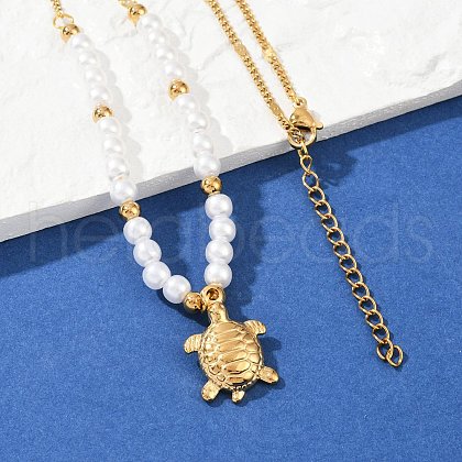 304 Stainless Steel Sea Animal Pendant Plastic Imitation Pearl Beaded Necklaces for Women NJEW-U048-02A-G-1