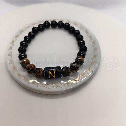 Natural Tiger Eye & Black Obsidian Round Beaded Stretch Braceletes WG32BD9-13-1