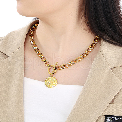 Flat Round 304 Stainless Steel Rolo Chain OT Saint Benedict Medal Pendant Necklaces for Women FS-WGC58E4-06-1