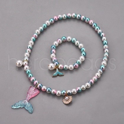 Plastic Imitation Pearl Stretch Bracelets and Necklace Jewelry Sets SJEW-JS01053-01-1