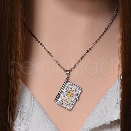 Openable Cross Bible 201 Stainless Steel Pendant Necklaces FS-WG822FB-01-1